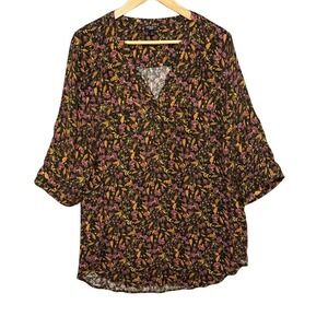 Torrid Womens Dark Floral 3/4 Sleeve Roll Tab Tunic Top Size 1X Black V Neck
